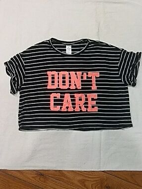 Black & White Striped Tee with Coral 'DON'T CARE' Graphic